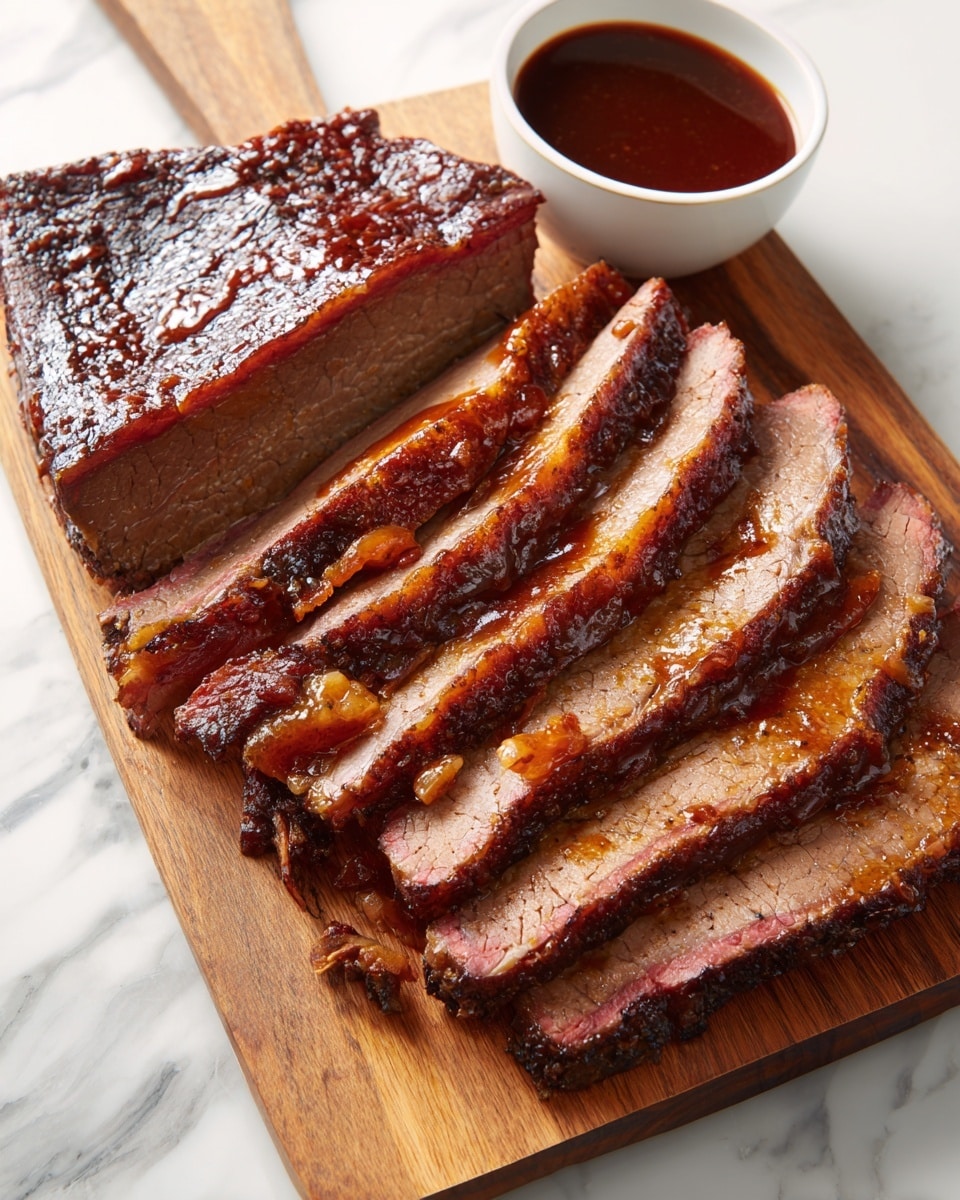 A wooden board holds several thick slices of smoked beef brisket arranged in a slightly overlapping line, showing a rich brown color with a juicy and tender texture, the outer edges are darker and caramelized with a glossy finish. To the side is a large piece of brisket with a deep, shiny bark that looks slightly crispy. At the top corner of the board, there is a small white bowl filled with dark red barbecue sauce, smooth in texture. A green herb is partially visible in the corner, adding a touch of color, all set on a white marbled texture. Photo taken with an iphone --ar 4:5 --v 7