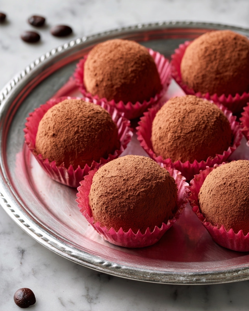 A group of round chocolate truffles, each coated with a powdery brown cocoa layer. They sit individually in small pink or red paper cups with crinkled edges, arranged closely on a shiny silver tray that shows slight curves along the rim. The cocoa coating looks soft and slightly rough in texture, covering the entire surface of each truffle uniformly. The tray is placed on a white marbled surface, with a few coffee beans scattered around for decoration. Photo taken with an iphone --ar 4:5 --v 7