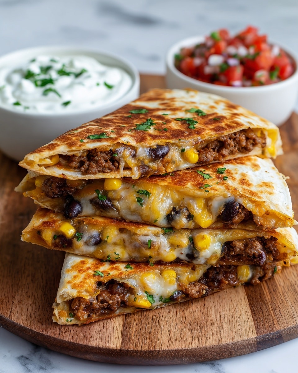 Three folded quesadilla pieces stacked on a round wooden board, each showing a golden-brown toasted tortilla with a slightly crispy texture. The quesadilla layers reveal a mix of melted yellow and white cheese, browned ground beef, black beans, and small bits of corn peeking out from the edges. Light green herb flakes are sprinkled over the quesadilla surface. To the top left, a white bowl filled with thick, white sour cream is garnished with chopped green herbs, sitting next to a small portion of red diced tomatoes mixed with finely chopped onions and herbs. The background is a white marbled texture. Photo taken with an iphone --ar 4:5 --v 7