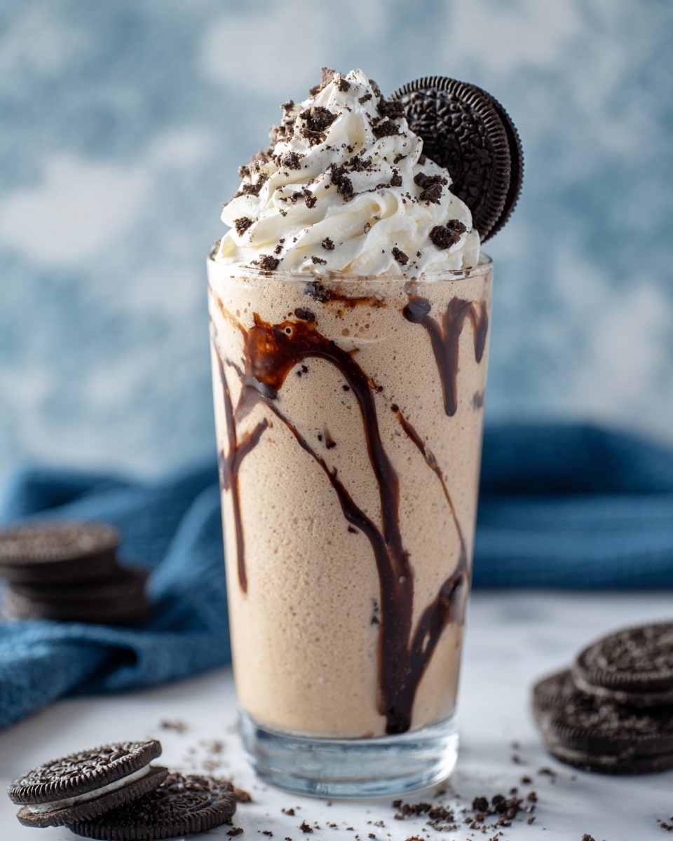 A clear tall glass filled with a creamy beige milkshake showing streaks of dark chocolate syrup running down inside the glass, topped with a swirled layer of white whipped cream sprinkled with small chocolate crumbs, and finished with a whole chocolate sandwich cookie placed upright on the whipped cream. The background has a white marbled texture with blurred dark blue cloth and a few more chocolate sandwich cookies beside the glass. Photo taken with an iphone --ar 4:5 --v 7