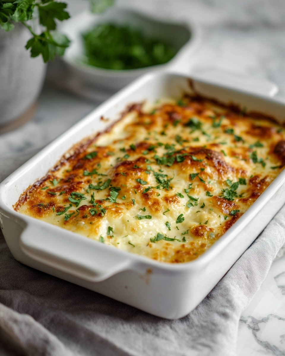 A white rectangular dish holds a baked casserole with two main layers visible: the bottom layer is creamy and rich, covered fully by a golden-brown melted cheese layer that is bubbly and slightly crispy around the edges. Small specks of fresh green herbs, likely parsley, are scattered evenly over the top, adding a fresh pop of color. The dish is placed on a soft gray cloth with a blurred green garnish bowl in the background, all set on a white marbled surface. Photo taken with an iphone --ar 4:5 --v 7