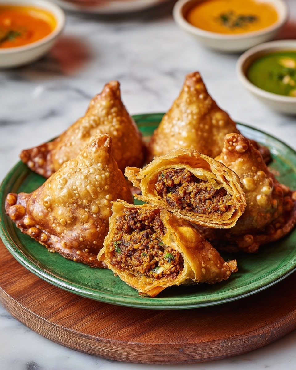 A green ceramic plate holds five golden brown, triangular samosas with a crispy, bubbled outer layer. Two samosas are cut open on the top side, showing a rich, crumbly, brown spiced filling with small green herb pieces mixed in. The plate sits on a wooden round board over a white marbled surface. In the background, slightly blurred, are white bowls containing orange and green dipping sauces. photo taken with an iphone --ar 4:5 --v 7