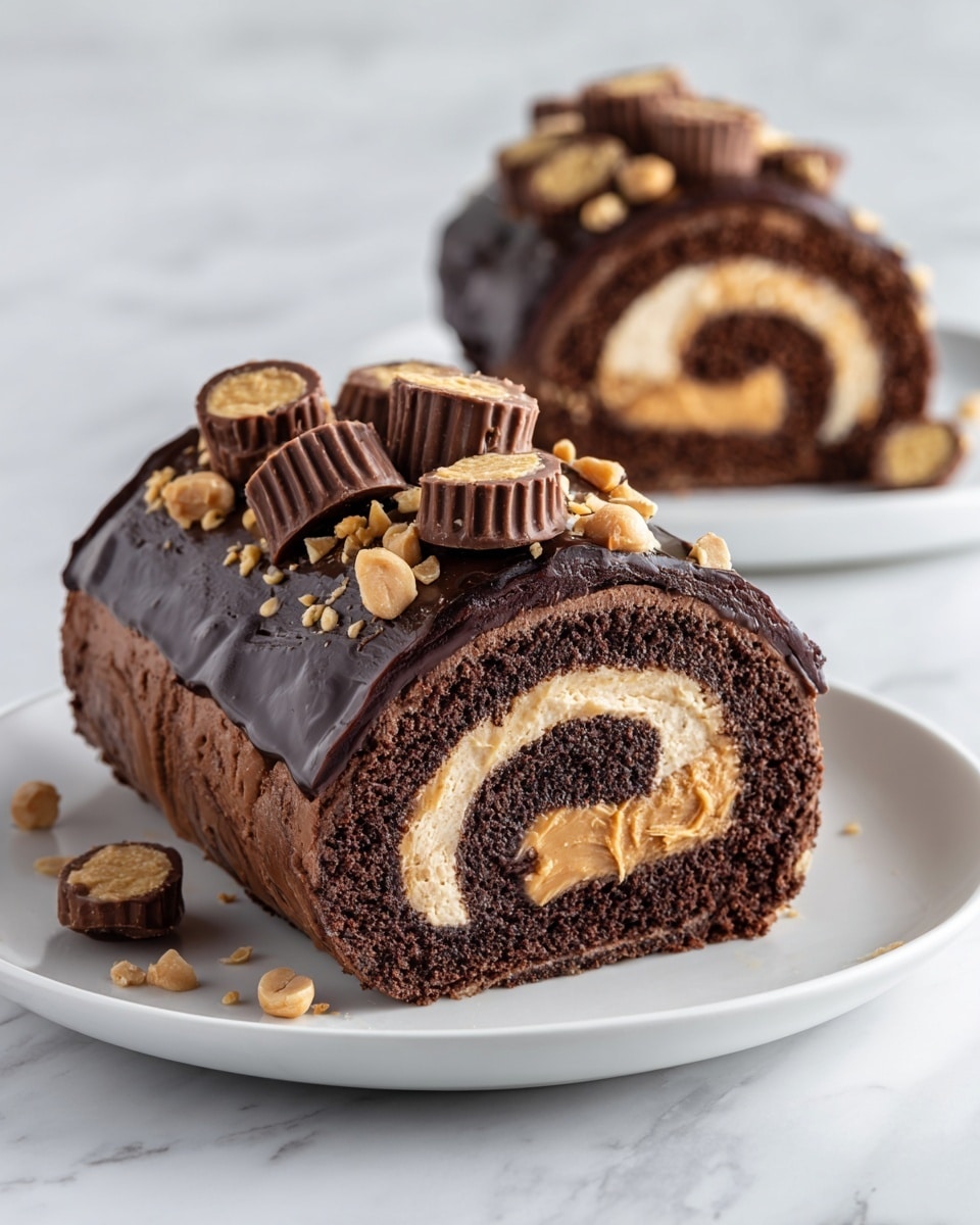The image shows two chocolate roll cakes on white plates against a white marbled surface. The top cake has a rich dark chocolate outer layer with a glossy finish. Inside, it has two visible layers: a dark chocolate sponge rolled around a creamy peanut butter filling with a golden tan color. On top of this roll cake, there are whole and halved peanut butter cup chocolates arranged in a line, adding texture and decoration. The second cake below also has a shiny dark chocolate coating. Inside, it shows a thick dark chocolate sponge layer wrapped around a lighter peanut butter cream that is smooth and pale beige. The top of this cake is decorated with halved peanut butter cups and small peanut pieces, adding crunch and visual interest. Both cakes are cut at one end to reveal the spiral pattern inside, with clear dark and light layers. photo taken with an iphone --ar 4:5 --v 7
