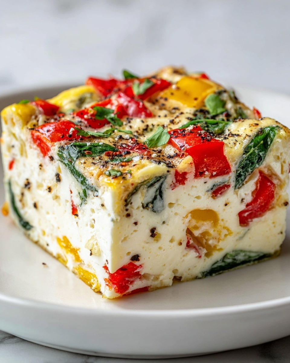 A slice of colorful vegetable frittata sits on a white plate, placed on a white marbled surface. The frittata has three visible layers: a base layer of cooked spinach with dark green leafy texture, a middle layer packed with chunks of red and orange bell peppers that add bright pops of color, and a top layer made of fluffy, creamy white eggs mixed with melted cheese and sprinkled with herbs and black pepper. The edges of the slice have a slightly browned, crispy look, showing it has been baked well. photo taken with an iphone --ar 4:5 --v 7