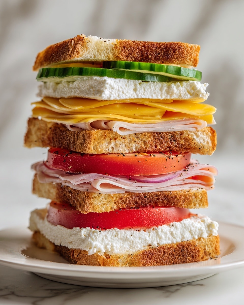 A tall sandwich with four main layers sits on a white plate placed on a white marbled surface. The bottom and top layers are thick round slices of red tomato, the top one sprinkled with black pepper. Inside, the second layer from the bottom is thin, folded slices of light pink turkey with browned edges. Above that is a thick white cream cheese spread with a soft texture. Next is a bright yellow tomato slice, followed again by white cream cheese spread. On top of that, there is more folded light pink turkey, then a thin green cucumber slice just under the top tomato layer. The layers have a fresh and juicy look with clear colors and textures. photo taken with an iphone --ar 4:5 --v 7