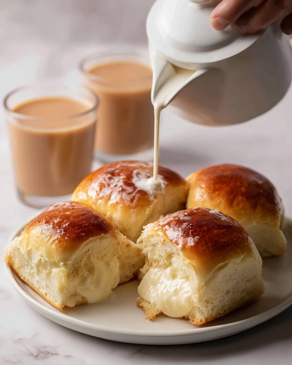 A white plate with four soft golden brown bread rolls that look shiny on top, each with a smooth, slightly glossy texture. One roll is cut open, showing a thick layer of creamy, pale yellow butter melting inside. A woman’s hand is pouring a white teapot above the plate, with two clear glasses filled with light brown tea in the blurred background. The scene sits on a white marbled surface. photo taken with an iphone --ar 4:5 --v 7