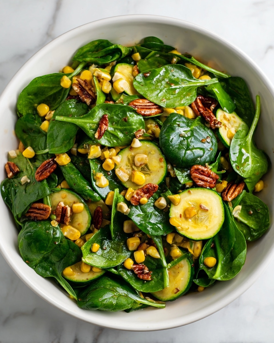 A white bowl contains a fresh salad with several layers: the bottom layer is dark green spinach leaves, topped with bright yellow corn kernels, sliced round green zucchini, and whole reddish-brown pecan nuts scattered on top. The mixture looks fresh and lightly dressed, with some shiny textures on the leaves and vegetables. The bowl sits on a white marbled surface. photo taken with an iphone --ar 4:5 --v 7