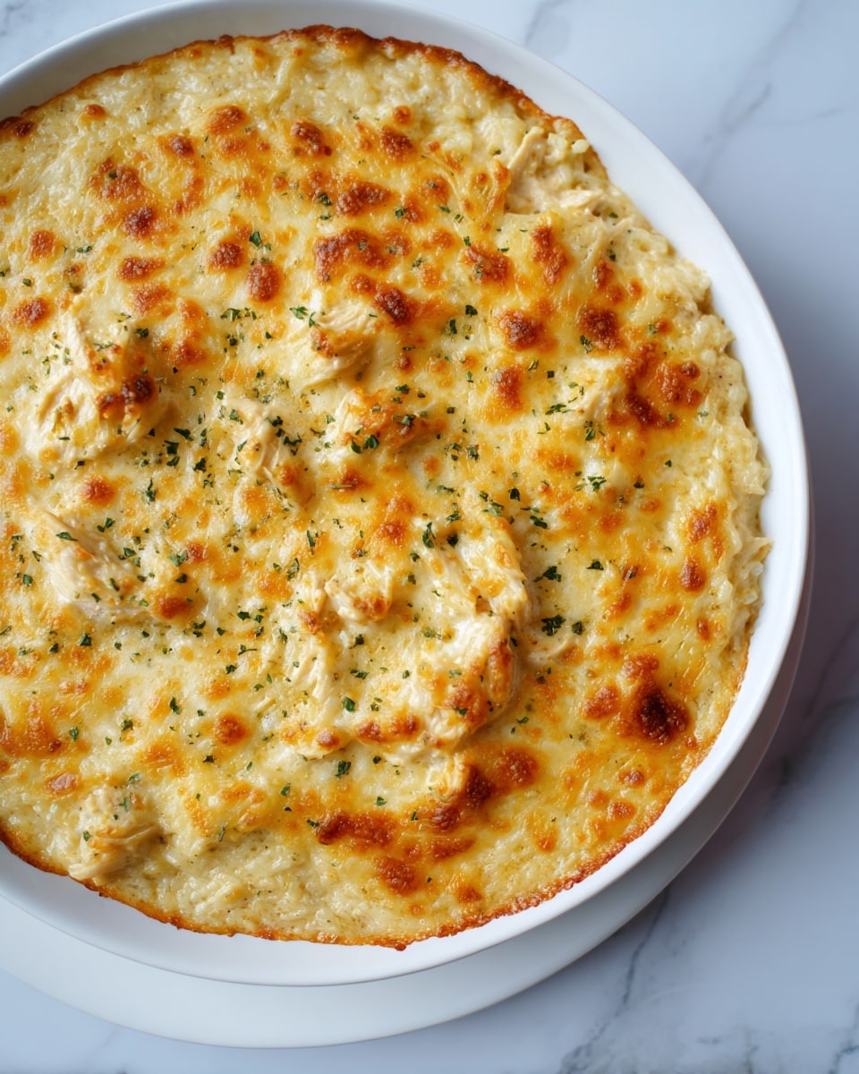 A close-up of a creamy dish shows two main layers on a white plate with a light brown rim. The bottom layer is thick and white with a soft, slightly chunky texture, mixed with pieces of shredded chicken visible in the mixture. The top layer is a golden-yellow melted cheese with a shiny, bubbly, slightly browned surface, sprinkled with small bits of dried green herbs. The background is a white marbled texture that contrasts gently with the dish. photo taken with an iphone --ar 4:5 --v 7
