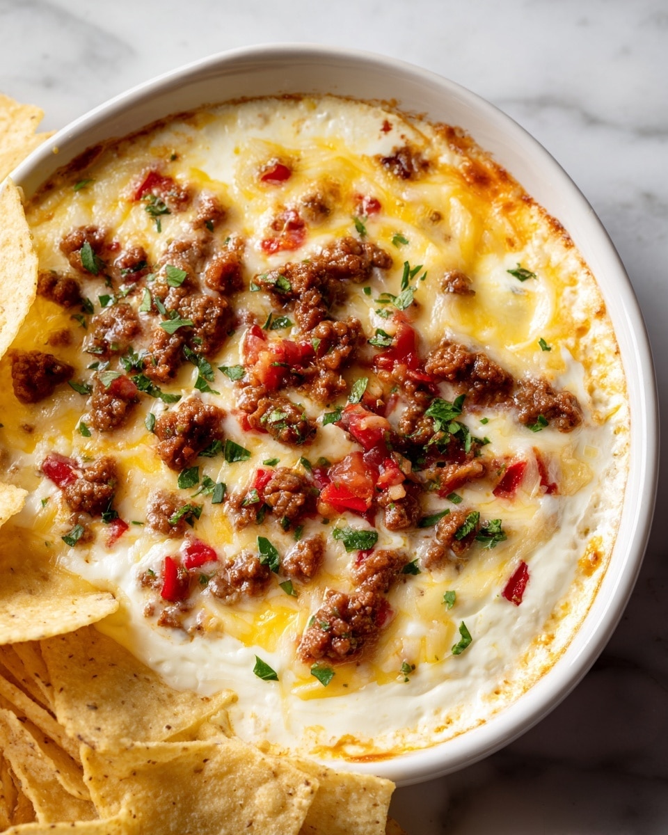 The dish shows a close-up view of a creamy dip served in a white bowl on a white marbled surface. The dip has multiple layers: the bottom layer is smooth and white with a creamy texture, topped by melted cheese that is a mix of golden yellow and slightly browned spots, giving it a gooey look. Scattered on top are small pieces of cooked ground beef in brown color, along with small red chunks of diced tomatoes or red peppers. Around the edge of the bowl, there are light yellow tortilla chips, some slightly curled, leaning against the dip. The photo is clear and taken from a close angle. photo taken with an iphone --ar 4:5 --v 7