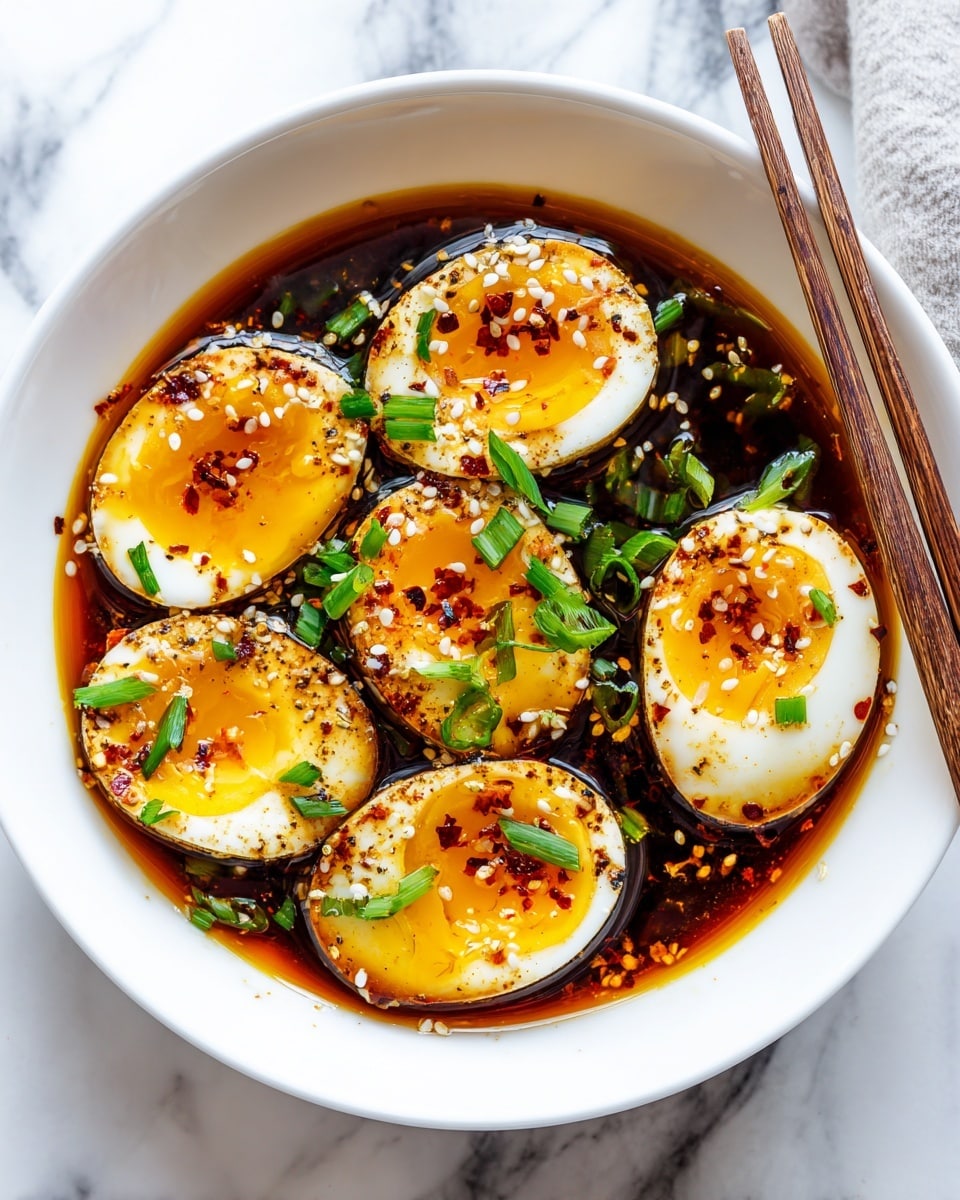 A white bowl filled with five halved soft-boiled eggs showing bright yellow yolks and smooth white edges, all soaked in a dark soy sauce broth. The eggs are topped with scattered red chili flakes and white sesame seeds. Fresh green chopped scallions are sprinkled over the eggs and floating in the broth. The bowl is placed on a white marbled surface, with a pair of brown chopsticks resting on the right side. Photo taken with an iphone --ar 4:5 --v 7