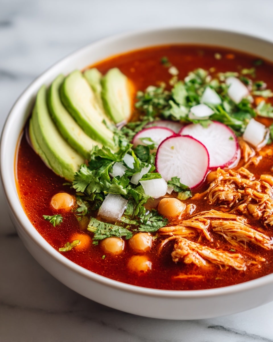 The image shows a close-up of a bowl of rich red soup filled with shredded chicken, chickpeas, and fresh green cilantro scattered on top. On one side, there are three slices of pale green avocado stacked neatly. Three thin white and pink radish slices rest on top of the soup near the avocado. Small pieces of white onion are sprinkled across the surface, adding texture. The bowl is white and sits on a white marbled background, creating a clean and bright contrast with the warm colors of the food. photo taken with an iphone --ar 4:5 --v 7