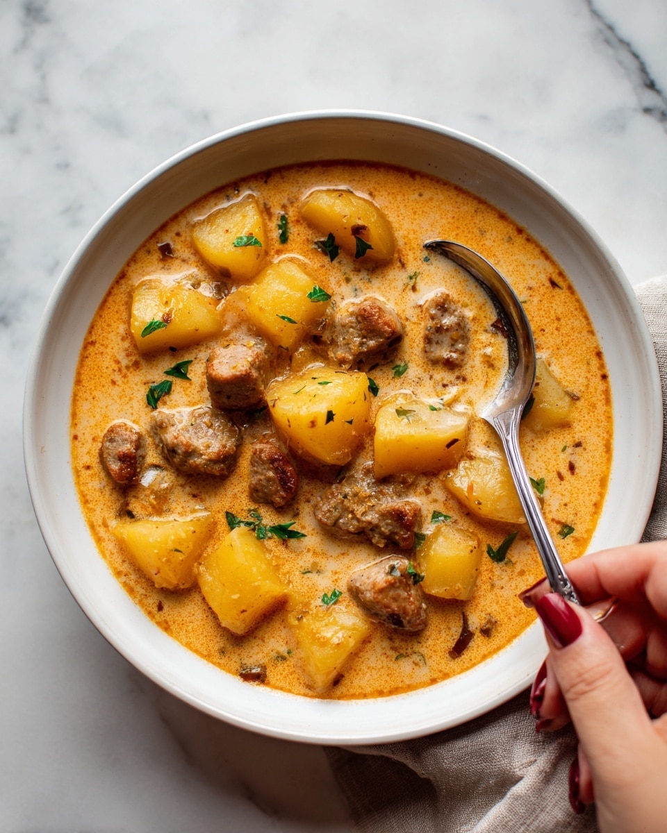 A close-up image of a creamy dish inside a white bowl on a white marbled surface, showing several yellow potato chunks mixed with small pieces of browned meat in a thick light orange sauce. Small bits of green herbs are sprinkled on the top, adding a touch of color. A spoon with a shiny metallic look is partly dipped into the dish on the right side, with a woman's hand holding it. The texture of the sauce looks smooth and rich with visible small chunks of ingredients. Photo taken with an iphone --ar 4:5 --v 7