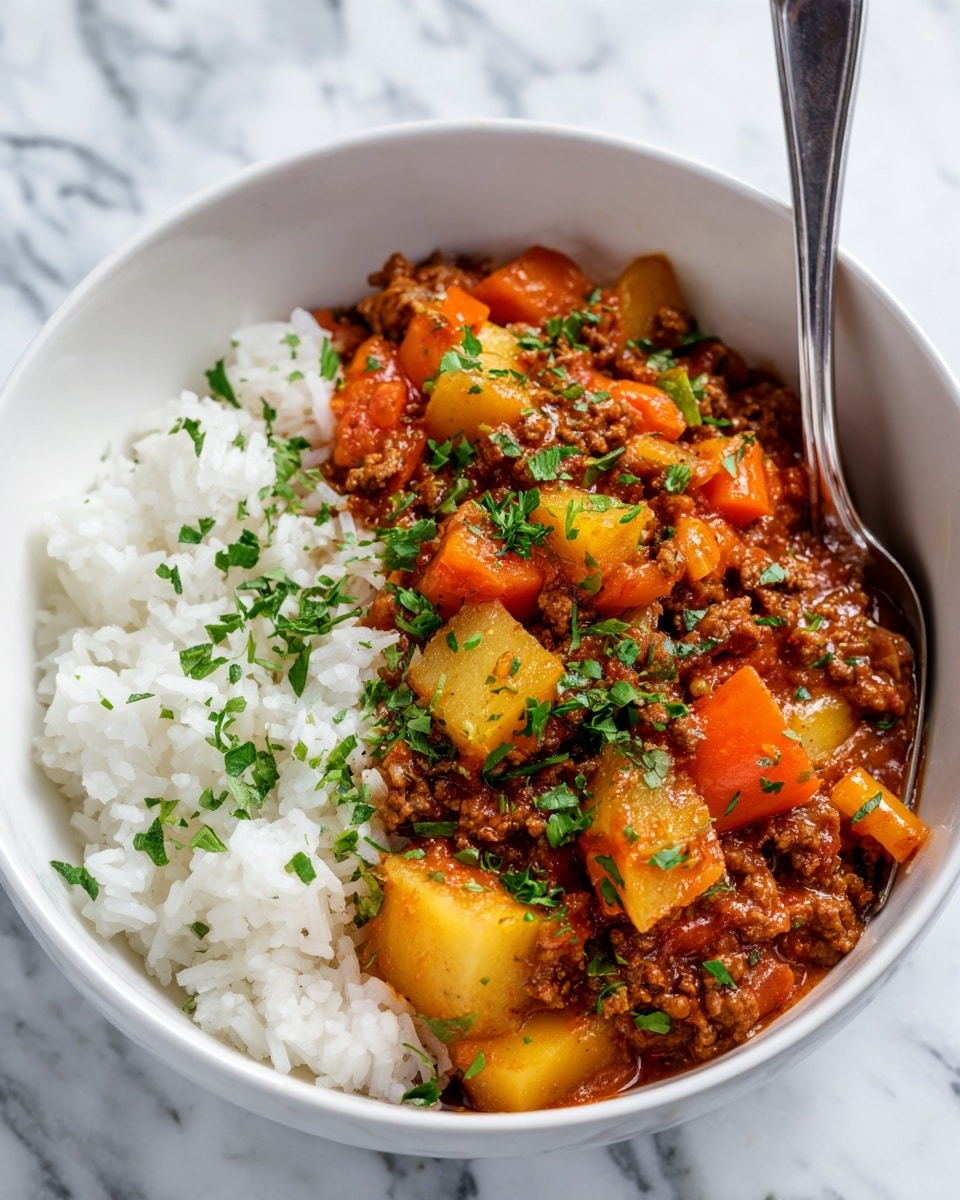 A white bowl filled with two main layers: the bottom layer is fluffy white rice, and the top layer is a rich stew made of ground beef, chunky pieces of white and yellow potatoes, bright orange carrots, and diced onions. The stew is thick with a reddish-brown sauce and is sprinkled with chopped green herbs on top for freshness. The bowl sits on a white marbled surface with a silver fork resting in it on the right side. photo taken with an iphone --ar 4:5 --v 7