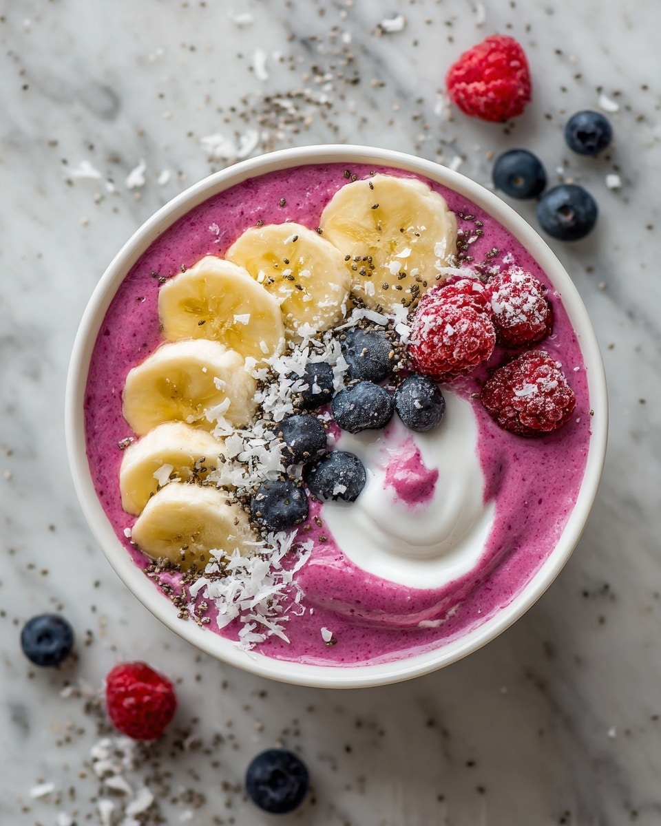 A white bowl filled with a thick, bright pink smoothie as the base layer, with a small swirl of white creamy yogurt peeking through on one side. On top, fresh fruit pieces are arranged in sections: three light yellow banana slices to the left, several frosty dark blue blueberries clustered in the center and right, and some red raspberries near the top right. The bowl is sprinkled with tiny black chia seeds and white shredded coconut, adding texture and detail. The bowl sits on a white marbled surface with scattered blueberries and raspberries around it, alongside some chia seeds and coconut flakes. photo taken with an iphone --ar 4:5 --v 7