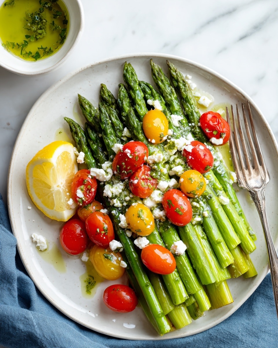 The dish shows a white plate full of bright green cooked asparagus spears arranged in a neat pile. Scattered on top are small cherry tomatoes in red and yellow colors, along with white crumbled cheese cubes that add a soft, creamy texture. A lemon wedge with a shiny, fresh look sits on one side of the plate, next to the asparagus and tomatoes. A vintage silver fork rests on the edge of the plate. The background is a white marbled texture with a blue cloth underneath the plate and a small white bowl of green herb oil nearby. photo taken with an iphone --ar 4:5 --v 7
