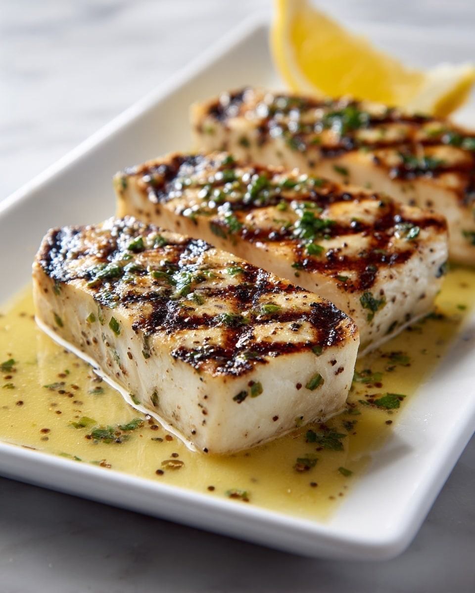 The image shows three thick pieces of grilled fish placed closely side by side on a white rectangular plate on a white marbled surface. Each fish piece has dark brown grill marks crossing its golden-brown top surface, with visible black pepper and green herb bits sprinkled evenly on top. The fish sits in a light yellow herb sauce that pools slightly around the edges of the plate, with a few scattered green herb leaves in the sauce. At the back of the plate, there is a lemon wedge with a bright yellow peel and visible juicy segments. The lighting highlights the glossy, moist texture of the fish and sauce. photo taken with an iphone --ar 4:5 --v 7