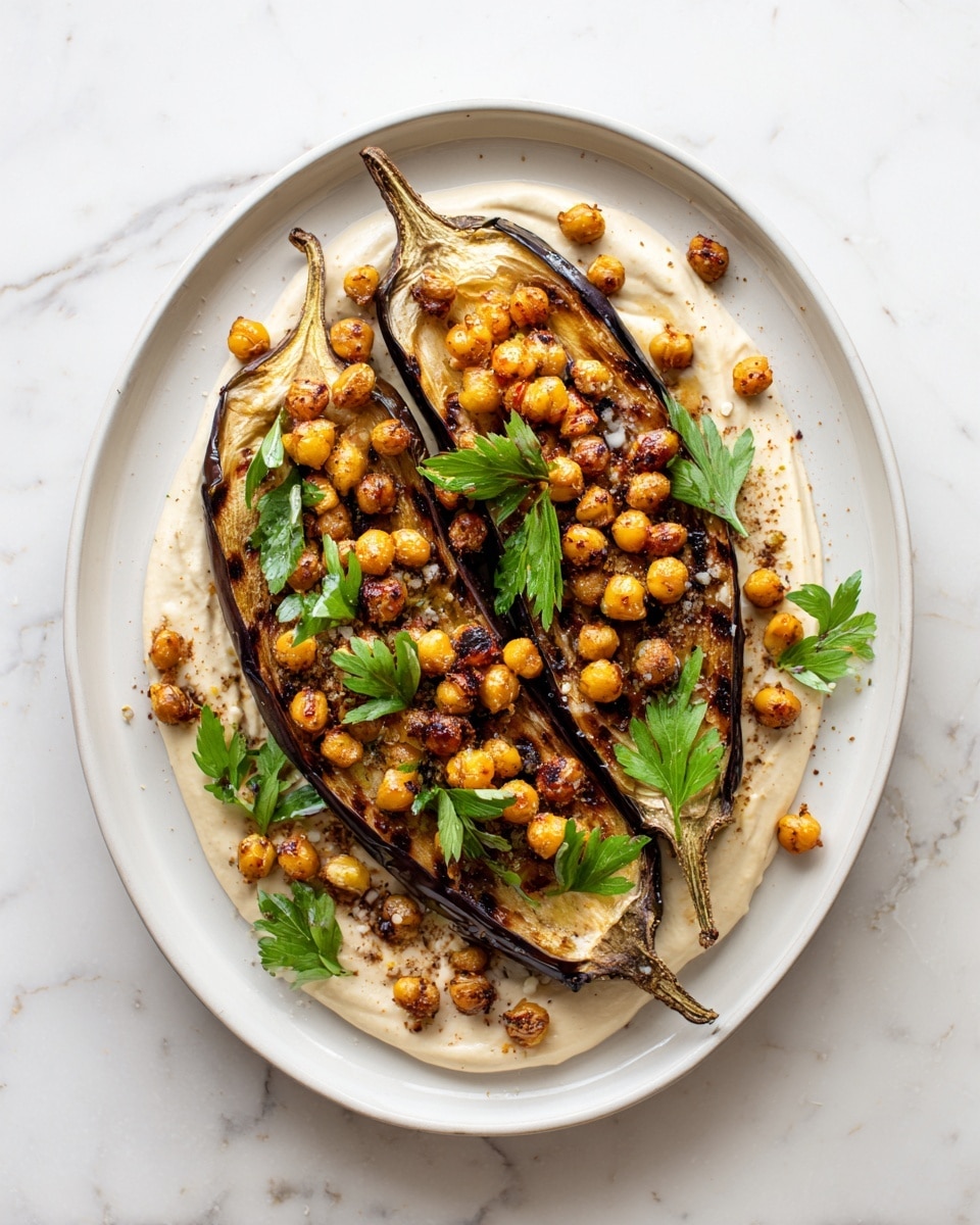 A white plate on a white marbled surface holds two roasted eggplant halves, each cut lengthwise and showing a deep brown and golden grilled texture on their flesh. The eggplants are topped with golden, roasted chickpeas scattered evenly on and around them. Underneath and around the eggplants, there is a smooth, creamy beige tahini sauce spread in a broad swipe. Fresh green parsley leaves are sprinkled over the chickpeas and sauce, adding a bright green contrast. The dish looks warm and inviting with a mix of creamy, crispy, and fresh textures. photo taken with an iphone --ar 4:5 --v 7