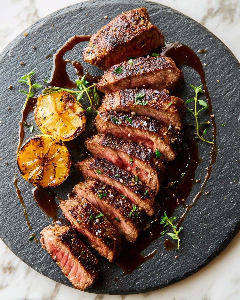 The image shows a sliced grilled meat arranged in a single row on a round dark slate plate, each slice showing a slightly pink center and a browned, charred outer edge with visible herbs and cracked black pepper on top. There are two grilled lemon halves with a golden-brown char placed to the left side of the meat, along with some small green herb sprigs scattered around the edges. The plate is set on a white marbled surface, with some sauce drizzled near the meat, adding a glossy dark brown color around the dish. photo taken with an iphone --ar 4:5 --v 7