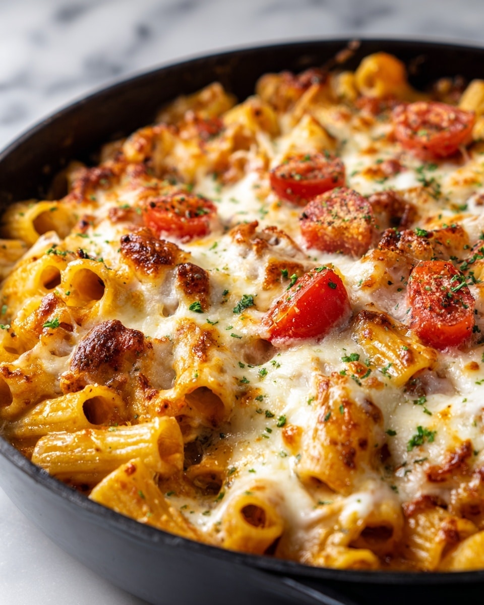 A close-up view of a baked pasta dish in a black pan showing three main layers: the bottom layer is tubular rigatoni pasta coated in a creamy orange sauce, mixed with small green vegetable pieces; the middle layer features melted white cheese that is slightly browned with some crispy spots; the top layer has chunks of bright red tomatoes and sprinkled green herbs evenly scattered over the cheesy surface. The pasta looks soft and moist while the cheese is gooey with a slightly toasted texture. The whole dish appears hot and fresh, set against a white marbled texture. photo taken with an iphone --ar 4:5 --v 7
