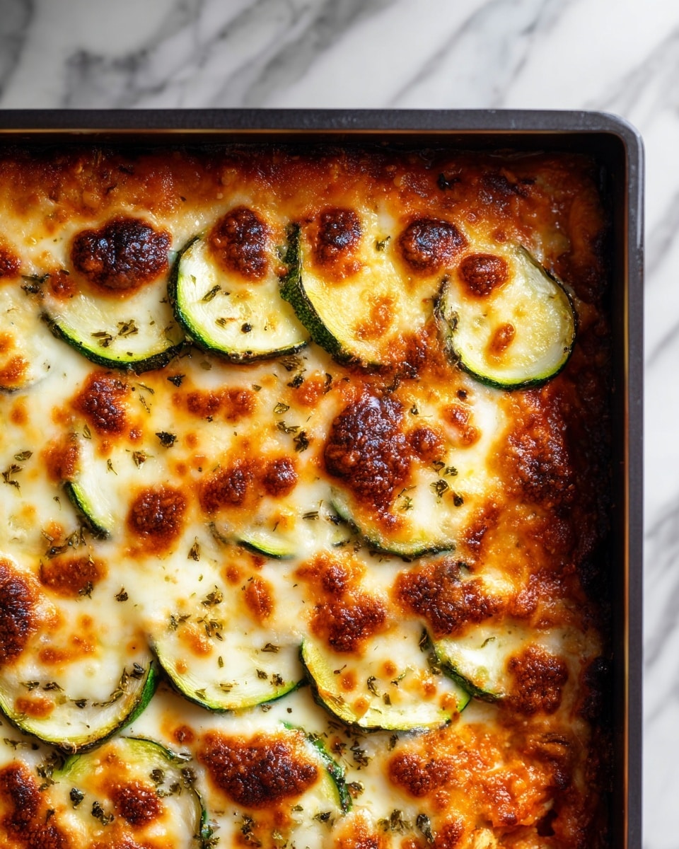 A close-up view of a baked dish in a black rectangular pan showing multiple layers. The base layer is a rich orange sauce visible at the edges, topped with a thick layer of melted golden-brown cheese that is bubbly and slightly browned in spots. Over the cheese, there are neatly arranged light green zucchini slices with dark green edges, sprinkled evenly with green herbs for seasoning. The dish looks hot and fresh from the oven, sitting on a white marbled surface. photo taken with an iphone --ar 4:5 --v 7