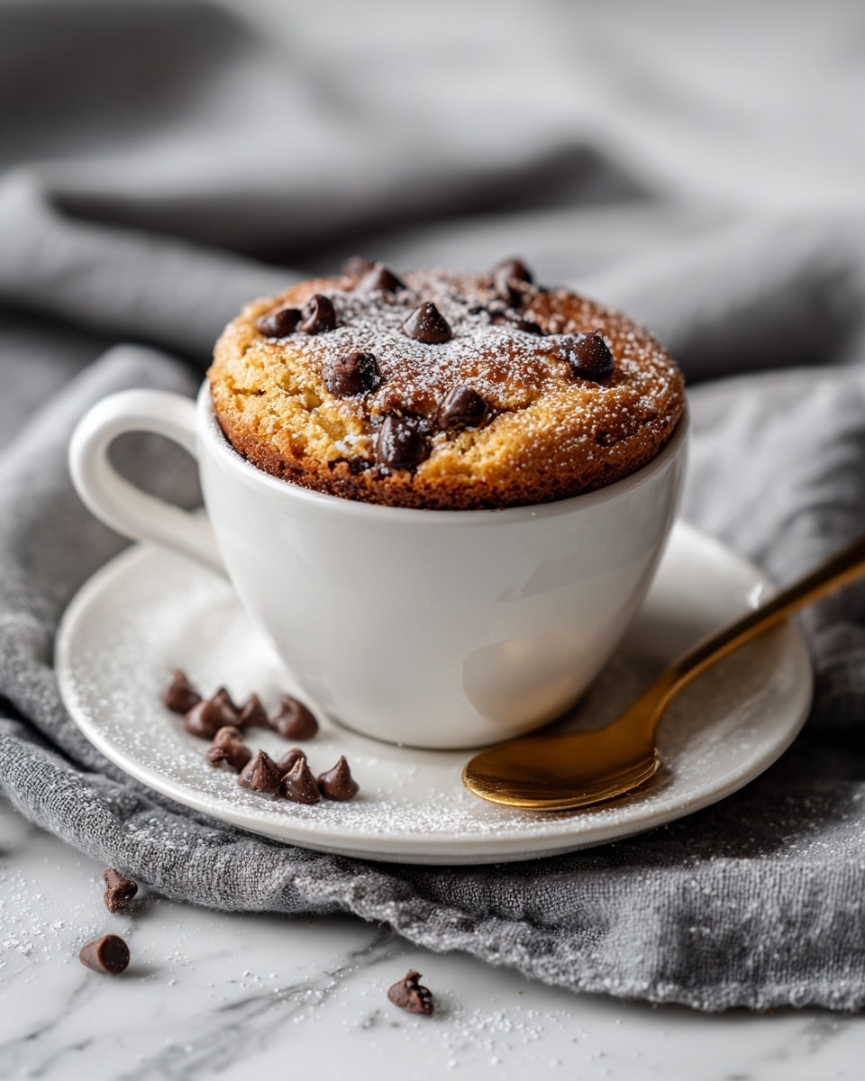 A white cup filled with a single large chocolate chip cake that rises above the cup's rim, soft and spongy with a golden-brown surface dotted generously with semi-melted, shiny dark chocolate chips. The cup sits on a white plate, scattered with a few chocolate chips and a dusting of powdered sugar. A golden spoon rests beside the cup on the plate. Everything is placed on a white marbled textured surface with a soft grey cloth beneath the plate. photo taken with an iphone --ar 4:5 --v 7