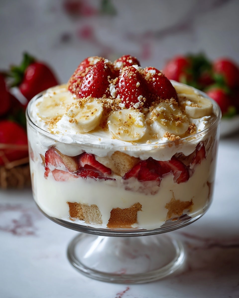 A clear glass bowl with a layered dessert is set on a white marbled texture. The bottom layer has pieces of light brown cake or biscuit soaked in a creamy white sauce. Above this is a layer of white cream mixed with sliced red strawberries arranged against the glass. On top of the strawberries is another layer of sliced round yellow banana pieces. Above the bananas is a thick layer of white whipped cream that flows slightly over the sides. The dessert is topped with whole red strawberries and sprinkled with light brown crumbs. The background is out of focus but shows more strawberries. photo taken with an iphone --ar 4:5 --v 7