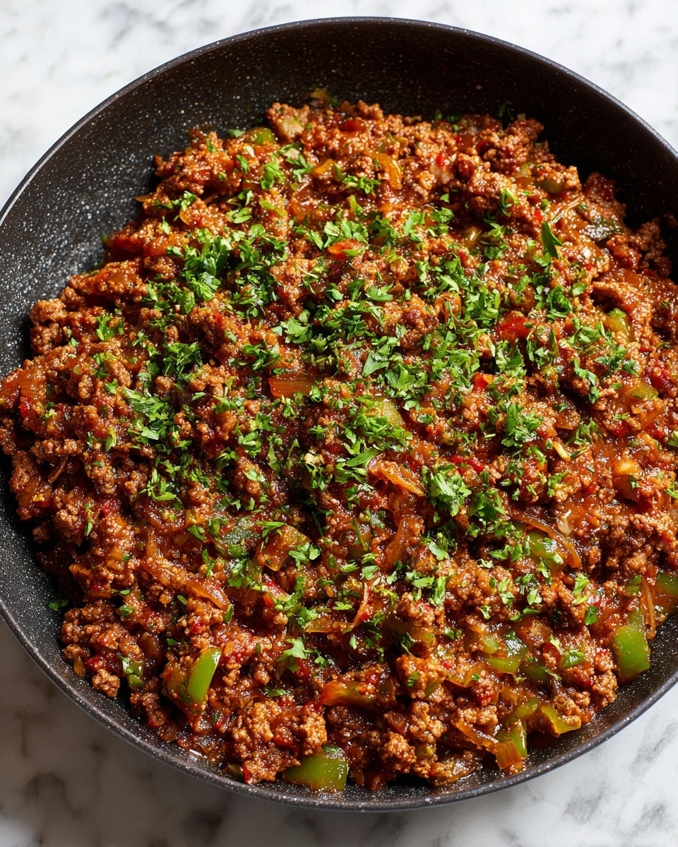 The image shows a close-up of a dish in a round black pan filled with a thick layer of cooked ground meat mixed with small pieces of green bell pepper and translucent cooked onions. The meat is richly browned and glistening, with finely chopped fresh green herbs sprinkled on top, adding a fresh color contrast. The texture looks juicy and slightly chunky, with the pan sitting on a white marbled surface. Photo taken with an iphone --ar 4:5 --v 7
