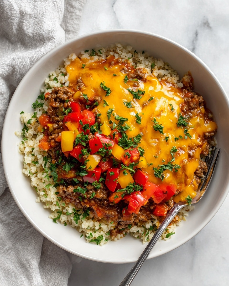 A white bowl filled with a base layer of soft, chopped cauliflower rice, topped with a thick layer of cooked ground meat mixed with tomato sauce, covered in melted orange cheddar cheese, and garnished with small diced red and yellow bell peppers and chopped fresh green parsley, a silver fork placed on the side, all set on a white marbled surface. Photo taken with an iphone --ar 4:5 --v 7