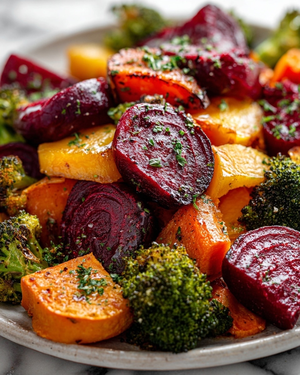 The image shows a close-up of a white plate filled with roasted vegetables, layered richly with thick slices of deep red beets on top, displaying a slightly wrinkled texture with a light sprinkle of green herbs. Beneath the beet slices are chunks of bright orange sweet potatoes with a smooth, roasted surface and edges showing slight caramelization. Scattered among these are small pieces of roasted broccoli, vibrant green with a slightly crispy look, adding texture contrast. The vegetables appear well-seasoned and glistening with a light coating of oil, all set on a white marbled background. Photo taken with an iphone --ar 4:5 --v 7