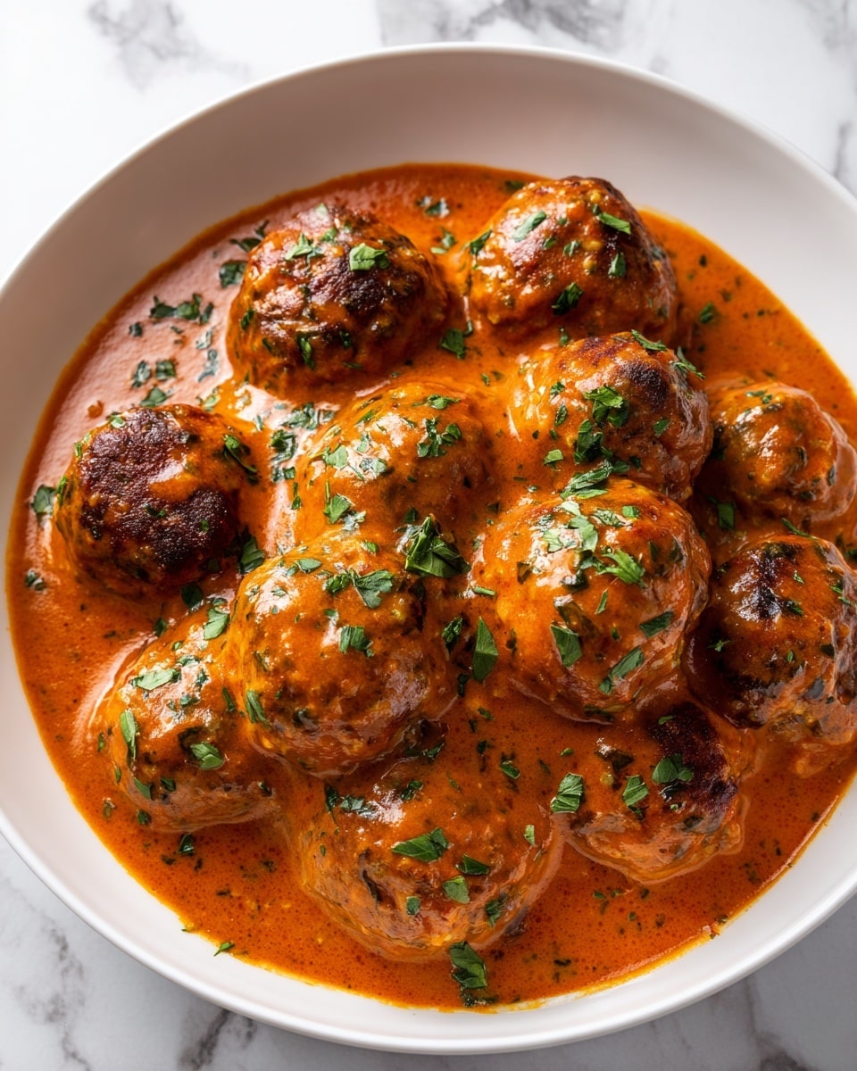 The dish shows a close-up of several meat pieces cooked in a thick, creamy orange-red sauce inside a black cast iron pan. The sauce has a smooth, glossy texture with small green herbs sprinkled evenly on top for garnish. The meat pieces look tender and are coated well with the sauce. The pan rests on a white marbled surface with a patterned cloth partly visible in the background. Photo taken with an iphone --ar 4:5 --v 7