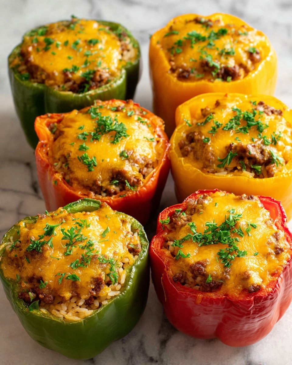 The image shows seven stuffed bell peppers arranged closely together on a white marbled surface. Each pepper, with visible halves of green, yellow, and red colors, is filled with a mix of brown cooked ground meat and rice, topped with a melted layer of yellow-orange cheese. The cheese is slightly browned and bubbly, covering the filling completely and sprinkled with fresh, chopped green parsley on top. The peppers are whole and standing upright, with their open tops facing up, showing the distinct layers of colorful pepper, savory filling, and melted cheese. photo taken with an iphone --ar 4:5 --v 7