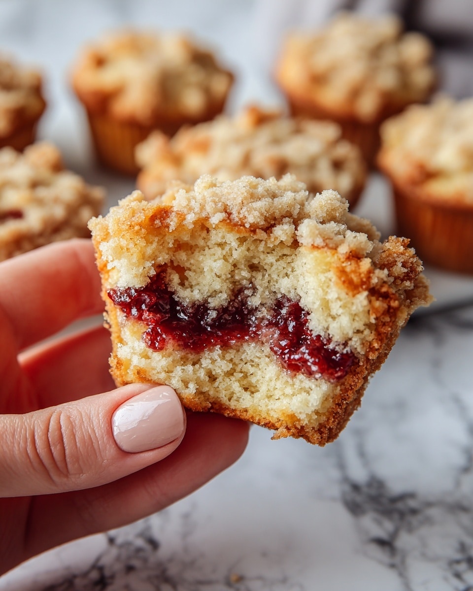 A close-up image of a crumbly muffin with a bite taken out, revealing several layers inside. The base layer is golden brown with a soft, fluffy texture. Above it is a dark red, jam-like layer that looks juicy and slightly sticky. On top, there is a light beige crumbly topping with coarse, uneven crumbs. A woman's hand is holding the muffin, with the background showing more muffins slightly out of focus on a white marbled surface. Photo taken with an iphone --ar 4:5 --v 7