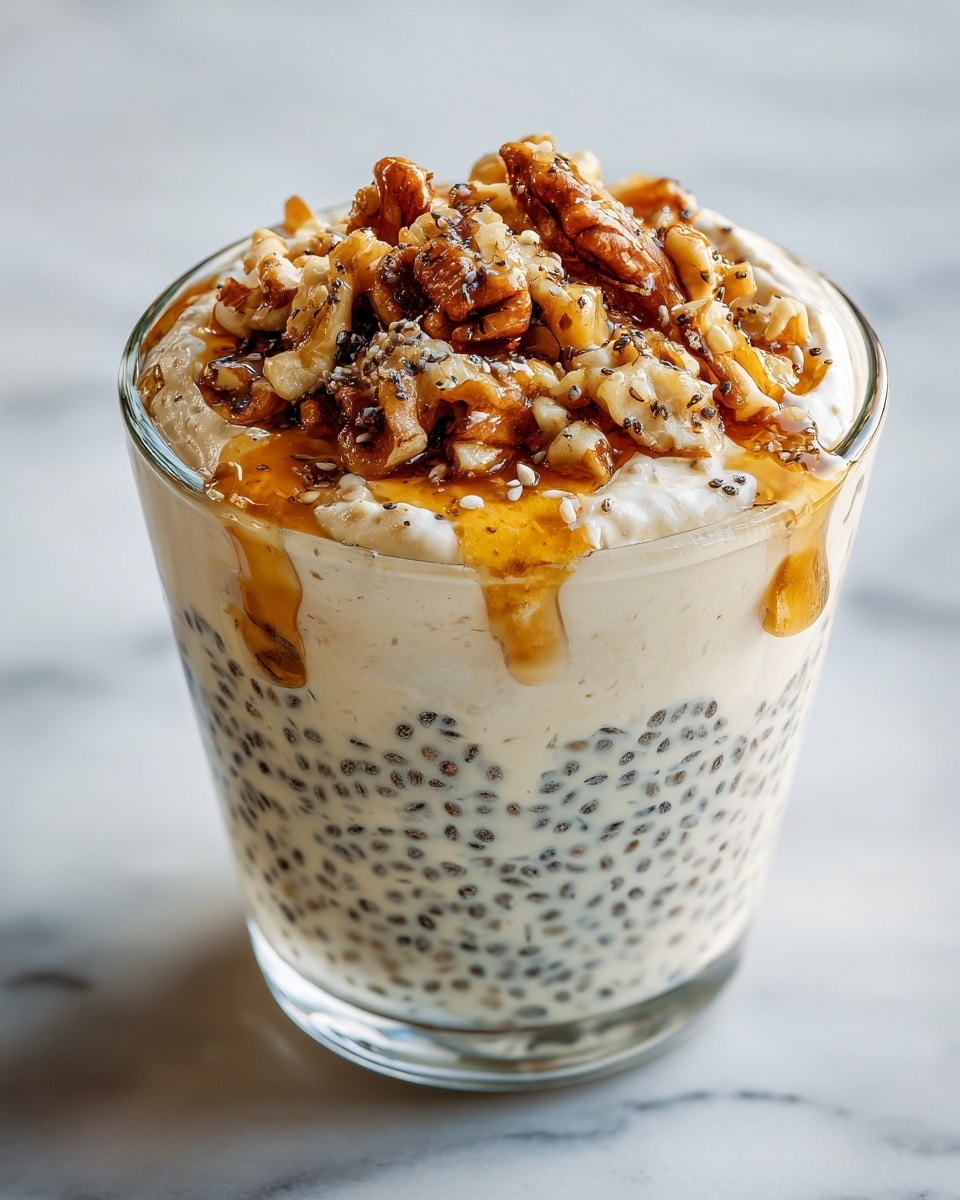 The image shows a clear glass filled with a creamy mixture that has small black and white seeds inside, layered evenly throughout the glass. On top, the dish is covered with a smooth layer of cream or yogurt, sprinkled with more black and white seeds, generously topped with chopped walnuts, and drizzled with golden honey. The glass sits on a white marbled surface. photo taken with an iphone --ar 4:5 --v 7