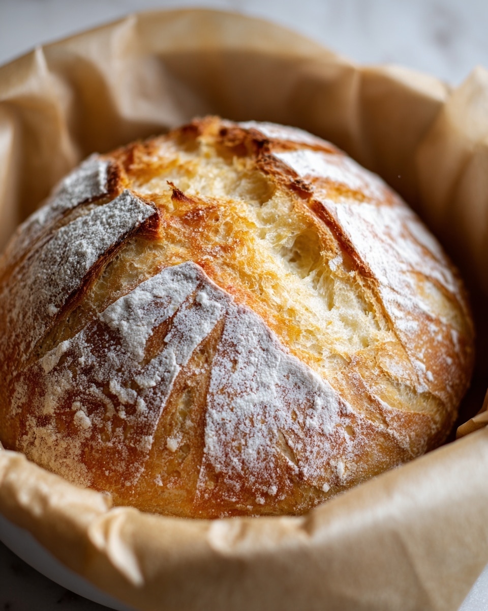 A close-up of a round loaf of bread with a golden-brown crust and white flour dusted lightly on top. The crust has several deep, uneven cuts revealing the soft, airy, and light yellow inside. The bread sits in a white pan lined with light brown parchment paper on a white marbled surface. The lighting highlights the texture and freshness of the bread, showing cracks and fluffy crumbs on the crust. photo taken with an iphone --ar 4:5 --v 7
