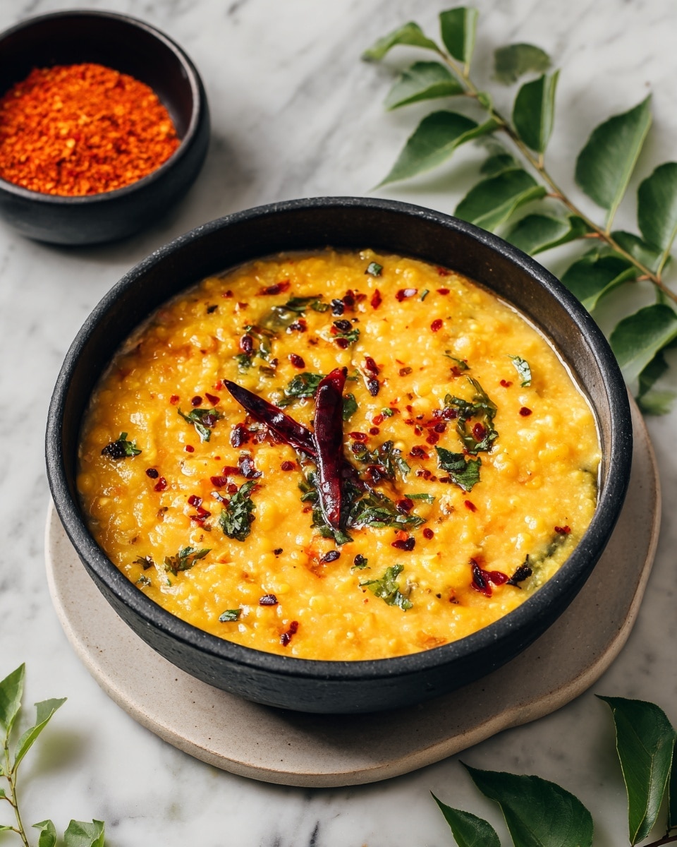 A black bowl filled with a thick, yellow-orange dish that has a slightly grainy texture with visible small yellow lentils throughout. The surface is garnished with scattered dry red chili peppers and chopped green herbs, adding contrasting colors against the warm base. The bowl sits on a white marbled texture, with a small black bowl of red powder and fresh green leaves nearby, creating a simple but colorful setting. photo taken with an iphone --ar 4:5 --v 7