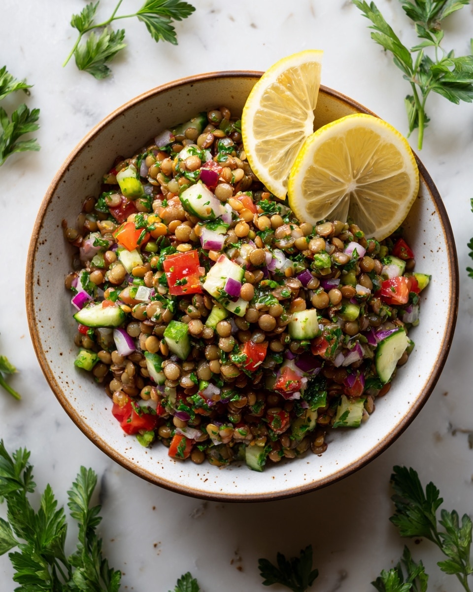 A bowl filled with a colorful lentil salad, showing a mix of small round light brown lentils, chopped green parsley, red diced tomatoes, small pieces of green cucumber, and bits of purple onion, all evenly mixed. On one side of the bowl, two bright yellow lemon slices rest against the salad. The bowl is white with a brown rim and sits on a white marbled textured surface, with some green parsley leaves placed around it. The salad has a fresh look with a variety of vibrant colors. photo taken with an iphone --ar 4:5 --v 7