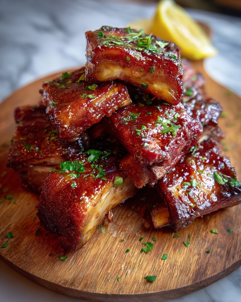 This image shows a close-up of five cooked ribs stacked on a round wooden board. Each rib has a shiny, sticky glaze covering the brown and golden meat, with visible grill marks and a bit of charring. The ribs are sprinkled with small green herb pieces on top for color contrast. In the background, out of focus, there is a bright yellow slice of lemon and some gentle green leaves. The wooden board sits on a white marbled surface, adding a clean and fresh touch to the presentation. photo taken with an iphone --ar 4:5 --v 7
