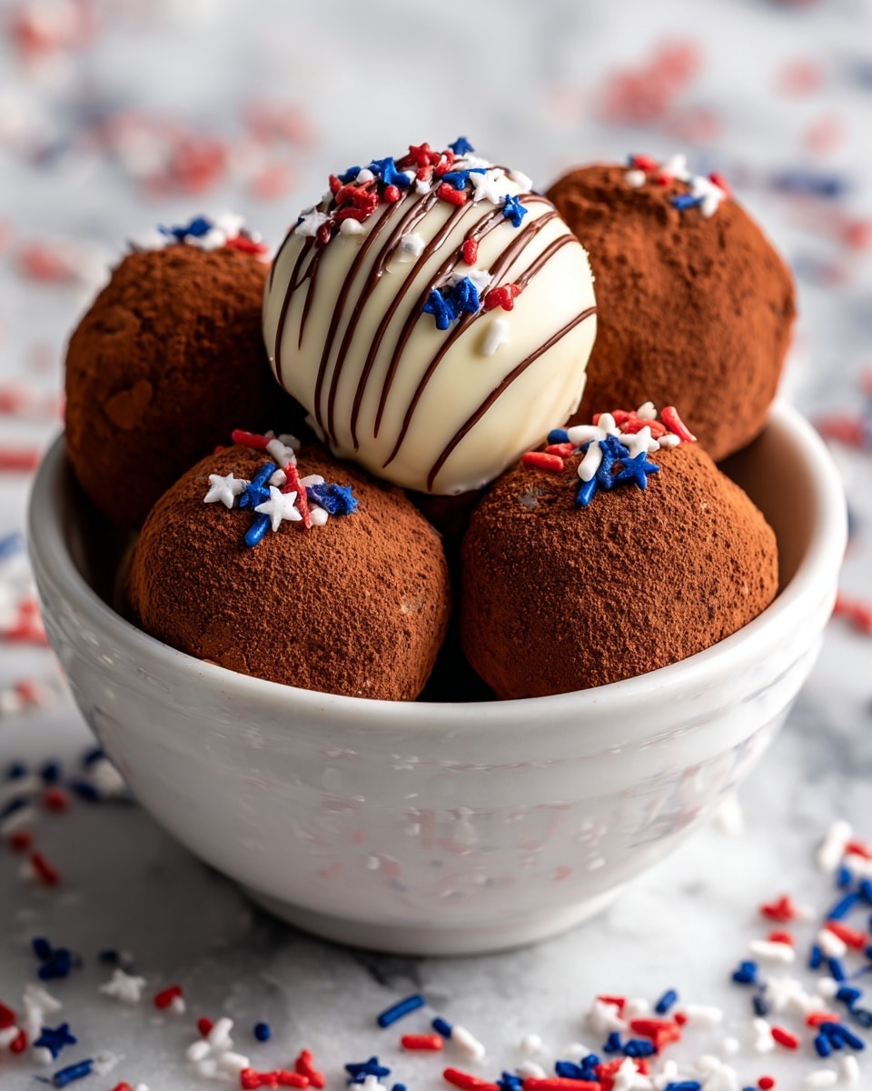 A white bowl filled with two types of round truffles stacked in two layers, the bottom layer has eight truffles with a rough brown cocoa powder coating, while on top there are three truffles with a smooth white coating decorated with dark chocolate drizzle and sprinkled with red, white, and blue small star and rod-shaped sprinkles. The bowl sits on a white marbled surface scattered with more of the same colorful sprinkles around it. Photo taken with an iphone --ar 4:5 --v 7