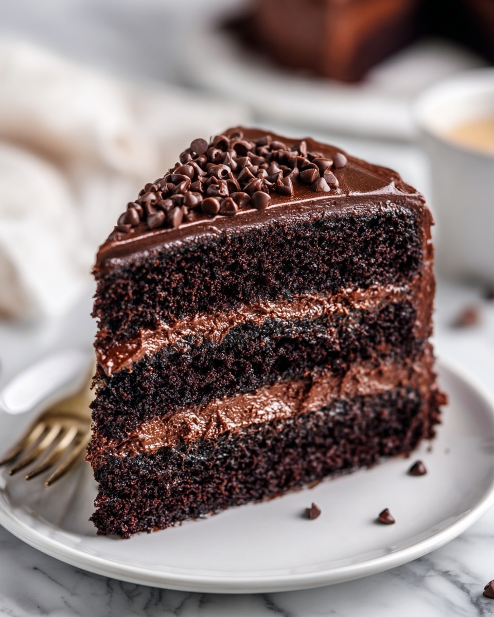 A close-up of a three-layer chocolate cake slice on a white plate, with each cake layer looking rich and dark brown, moist and crumbly, separated by thick, smooth, glossy layers of dark chocolate frosting; the top layer of frosting is thick and shiny, covered with small, scattered chocolate chips that add texture and detail; the white plate sits on a white marbled surface, while the background is softly blurred with a hint of another cake and a cup visible. photo taken with an iphone --ar 4:5 --v 7
