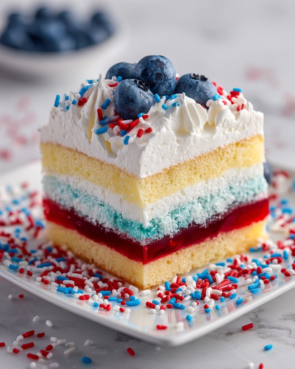 A close-up image of a single square piece of layered cake on a white marbled texture. The cake has four clear layers: the bottom layer is a red, moist-looking base; above that is a fluffy yellow cake layer; inside the cake near the middle is a small pocket of light blue cream; next is another layer of yellow cake; the top layer is thick white whipped cream covered with red, white, and blue sprinkles scattered unevenly, as well as fresh blueberries placed on top. Some sprinkles and a single blueberry lie on the surface around the cake. photo taken with an iphone --ar 4:5 --v 7