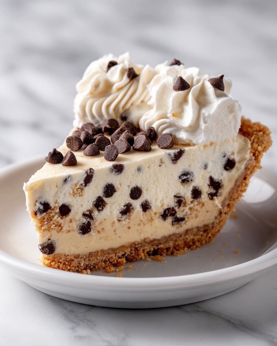 A slice of pie with three visible layers: at the bottom is a crumbly golden crust, above it is a thick creamy beige filling dotted with many dark brown chocolate chips, and on top is a swirl of white whipped cream decorated with scattered chocolate chips. The slice is placed on a white plate with a smooth texture, set against a white marbled surface in soft focus. photo taken with an iphone --ar 4:5 --v 7