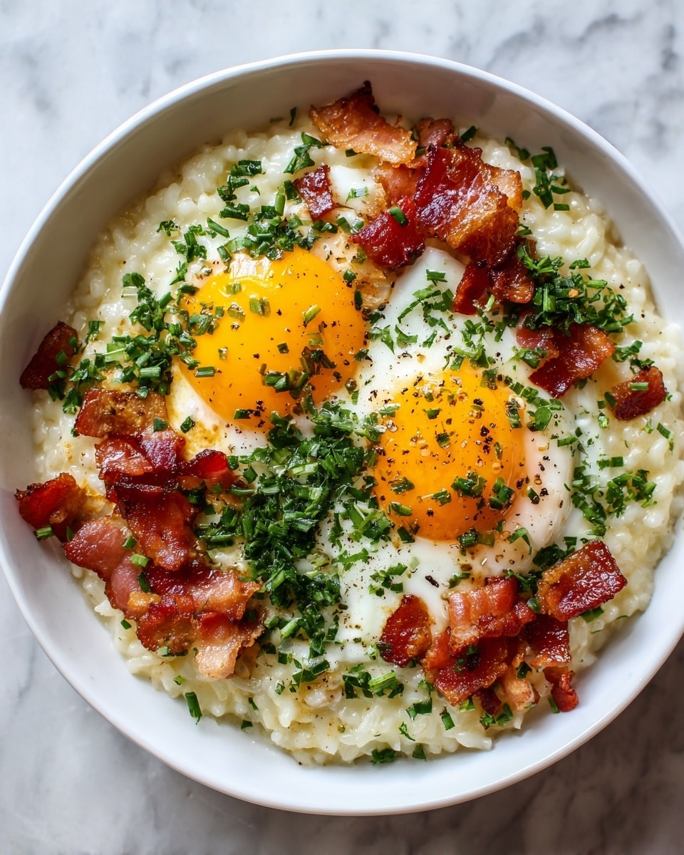 The image shows a white bowl filled with creamy risotto. On top of the risotto, there are two bright yellow sunny-side-up eggs with slightly runny yolks. Around the eggs, small pieces of crispy bacon add a reddish-brown texture. Green chopped herbs are sprinkled all over the eggs and risotto, adding a fresh touch. The bowl is placed on a white marbled surface. Photo taken with an iphone --ar 4:5 --v 7