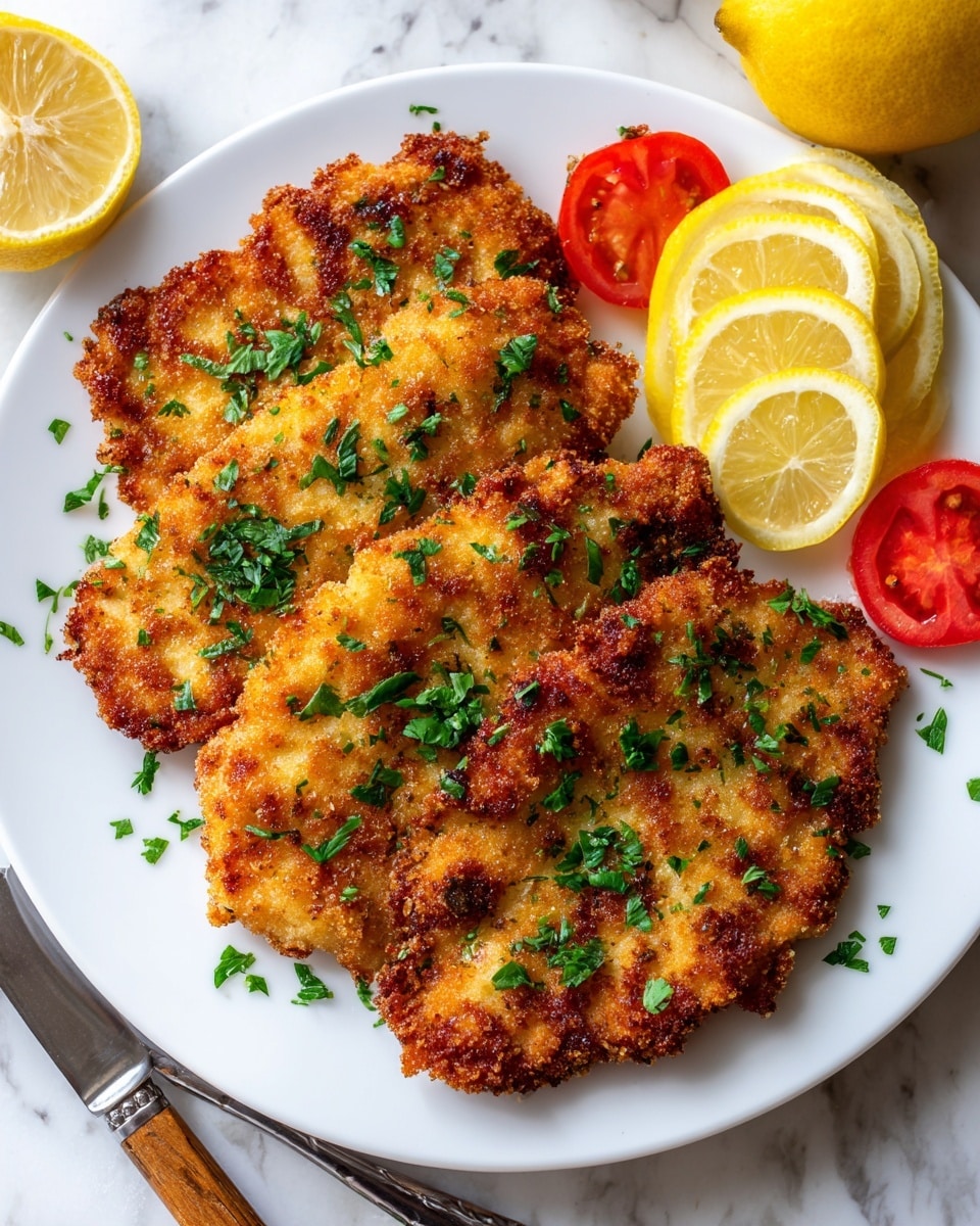 The image shows a close-up of four pieces of golden-brown, crispy breaded chicken cutlets arranged in a slightly overlapping line on a white plate, each cutlet sprinkled with chopped fresh green herbs. On the right side of the plate, there are three thin lemon slices placed partially on top of the chicken, adding a bright yellow contrast. At the back of the plate, there is a whole lemon and two tomato wedges adding red and yellow accent colors. The plate sits on a white marbled surface with a fork positioned on the right side, wooden handle visible. photo taken with an iphone --ar 4:5 --v 7