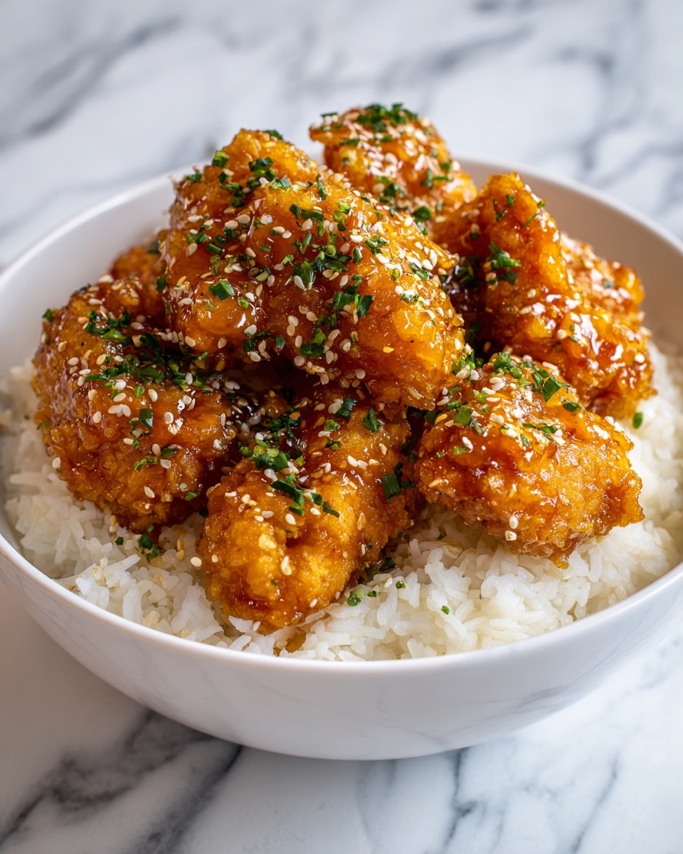 A white bowl filled with a layer of steamed white rice at the bottom, topped with several golden-brown fried chicken pieces coated in a shiny, sticky orange sauce with visible sesame seeds sprinkled on top. Small green chopped herbs are scattered over the chicken, adding a fresh color contrast. The chicken pieces look crispy but covered in the glossy sauce. The bowl is set on a white marbled surface. Photo taken with an iphone --ar 4:5 --v 7