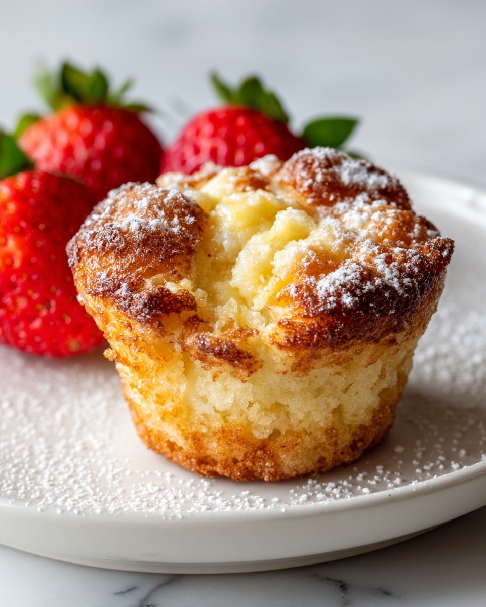 A single muffin-sized baked item with a golden brown and slightly crispy edge, filled with a soft, creamy, pale yellow center that looks like melted cheese or custard. The top has a light dusting of white powder, likely sugar or flour, and the muffin sits on a white plate. In the background, bright red strawberries add a pop of color, placed on a white marbled surface. The overall lighting is bright and natural, showing soft shadows and texture details. Photo taken with an iphone --ar 4:5 --v 7