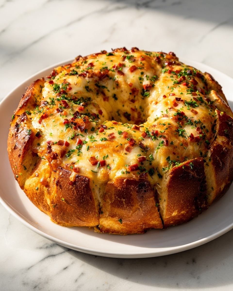 The image shows a round savory cake with a golden brown crust on the outside, sitting on a white plate with a dotted edge. The cake has visible layers, with the top layer covered in melted cheese that is lightly browned and bubbly, mixed with small pieces of green herbs and bits of red tomatoes scattered on top. The crust is thick, soft, and fluffy with a slightly shiny texture, giving it a fresh baked look. The white plate rests on a white marbled surface. Photo taken with an iphone --ar 4:5 --v 7