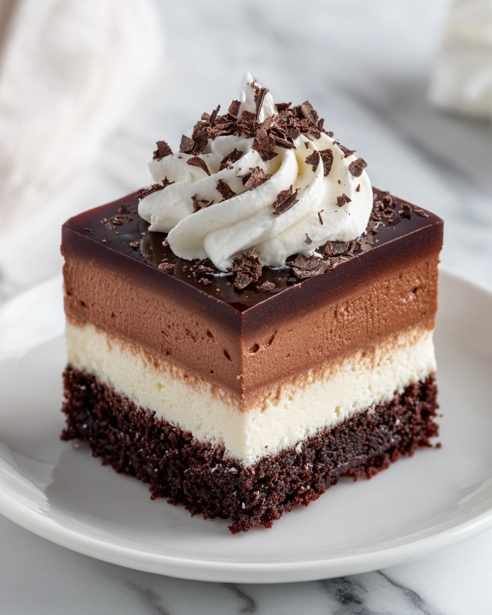 A square, layered chocolate dessert sits on a white plate with a slightly ruffled edge, placed on a white marbled surface. The bottom layer is a dark, crumbly chocolate crust with a coarse texture. Above this is a thick, dense milk chocolate mousse layer with a smooth and light texture. On top of the mousse is a thin white cream layer, followed by a glossy, dark chocolate ganache layer that looks shiny and smooth. The dessert is topped with a large swirl of white whipped cream, sprinkled generously with finely shaved dark chocolate pieces. Photo taken with an iphone --ar 4:5 --v 7