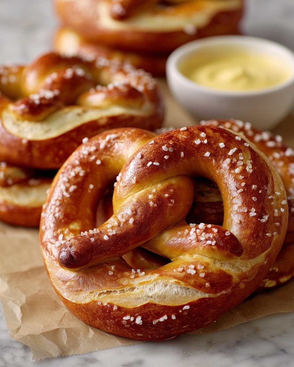 The image shows a close-up of a glossy, golden brown pretzel with coarse salt crystals sprinkled on top, resting on a piece of brown parchment paper placed over a white marbled surface. The pretzel has a twisted, looped shape with a slightly crisp and textured outside. Behind it, two more pretzels are stacked partially out of focus. To the right, there is a small white bowl filled with creamy yellow mustard. A blurred cloth is visible in the bottom right corner, adding a cozy touch to the scene. The photo taken with an iphone --ar 4:5 --v 7