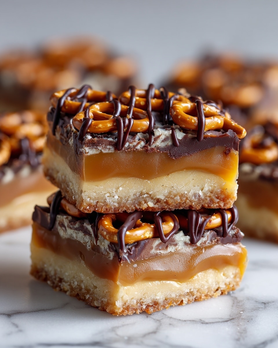 The image shows a close-up of two stacked dessert bars on a light brown paper over a white marbled surface. Each bar has three layers: the bottom and top layers are crunchy pretzels that have a golden-brown color with visible salt specks, the middle layer is a thick, gooey caramel with a shiny texture, and there are dark brown chocolate drizzles over the top pretzels in an uneven pattern. The caramel is slightly oozing at the edges, creating a rich, sticky look. In the background, more of these bars are slightly out of focus, filling the image with a warm, tasty atmosphere. photo taken with an iphone --ar 4:5 --v 7