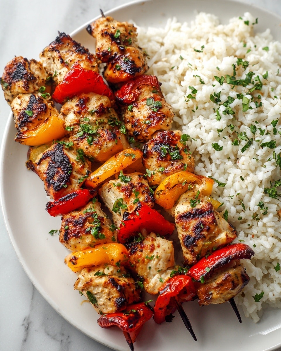 The image shows grilled chicken pieces and colorful bell pepper slices on a skewer. The skewer items have a slightly charred, golden-brown texture with flecks of green herbs on top. Behind the skewer, there is a serving of white rice with some green herb garnish on it. The food is placed on a white plate that sits on a white marbled surface. The lighting highlights the vibrant colors of the chicken and peppers, making them look fresh and delicious photo taken with an iphone --ar 4:5 --v 7